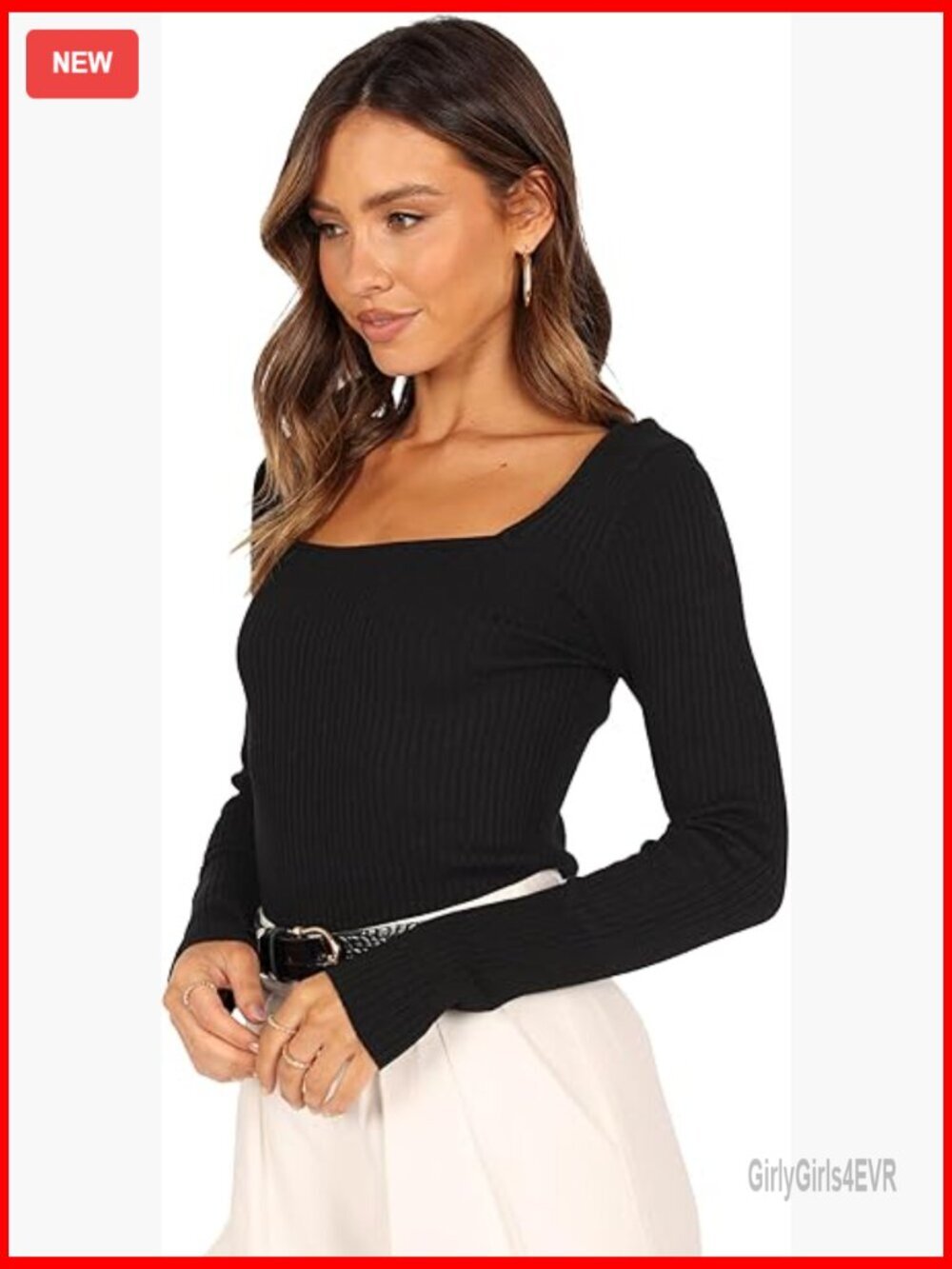 Long Sleeve Ribbed Knit Square Neck Tee Slim Fit Top